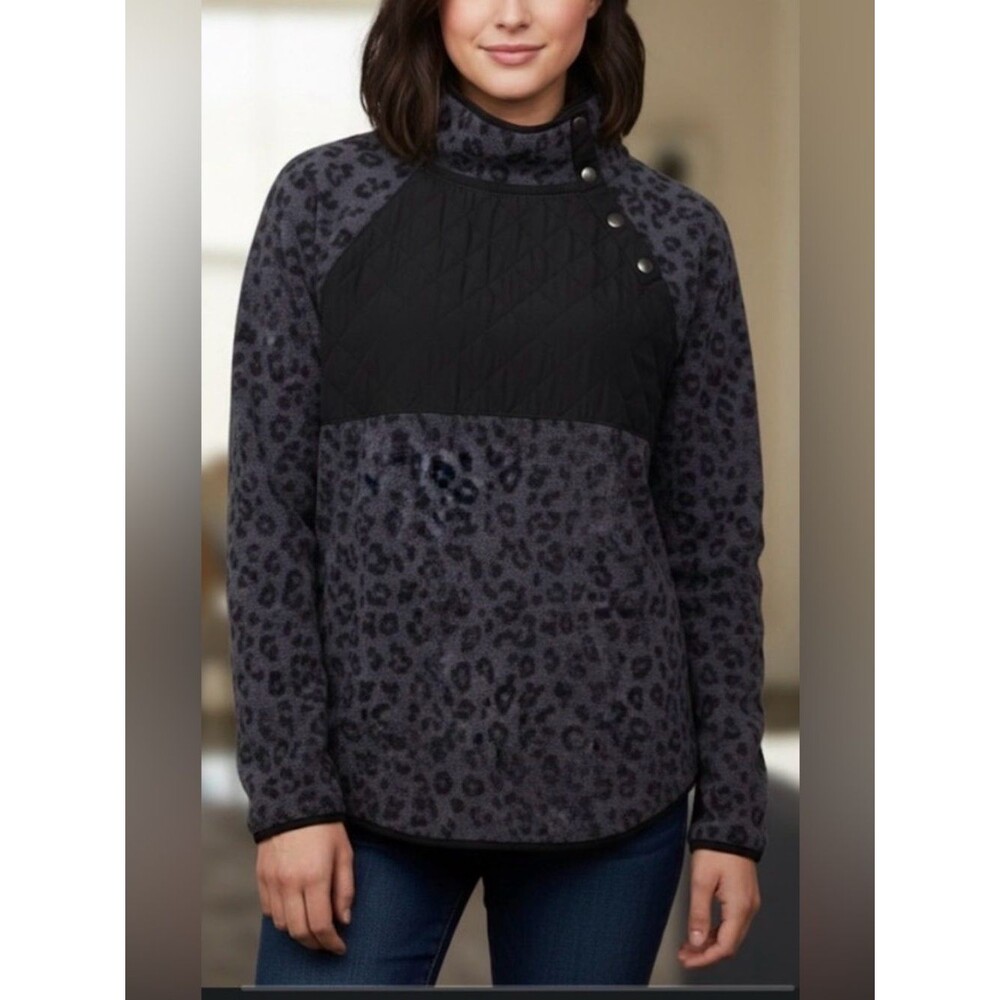 J. Crew Charcoal Black Animal Print Sherpa Pullover Jacket Size Large